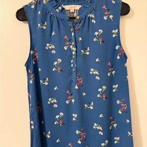 LOFT Royal Blue Floral Ruffled Blouse | XS